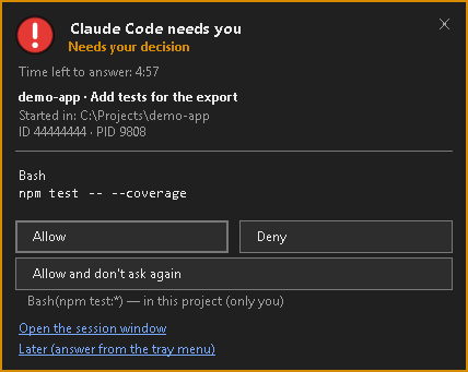 The panel near the tray: Claude Code needs you, a Bash command npm test with Allow, Deny and Allow and don't ask again, the rule that would be added, and links to open the session window or answer later
