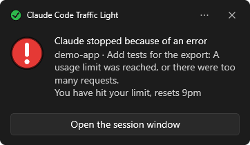 Windows notification: Claude stopped because of an error, a usage limit was reached, with Claude's words: you have hit your limit, resets 9pm, and an Open the session window button