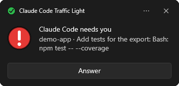 Windows notification: Claude Code needs you, demo-app, Bash: npm test, with an Answer button